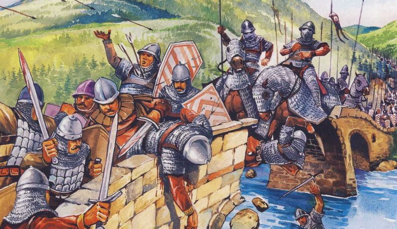 Илюстрация на битката при р. Скафида и срутването на моста